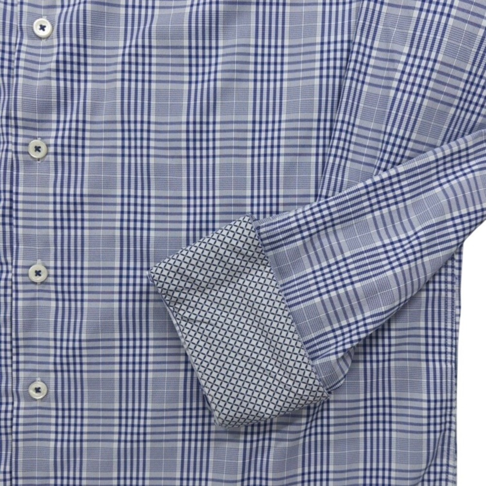 Bugatchi Dress Shirt‎ Mens XL Blue Plaid Shaped Fit Performance Stretch Preppy